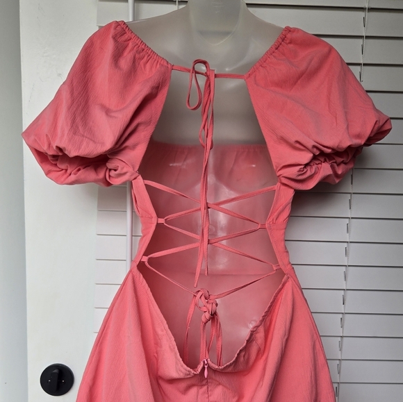 Niay Summer Dress Ruched Bust Puff Sleeve Square Neck Lace-up Back Sz XL - Picture 7 of 10